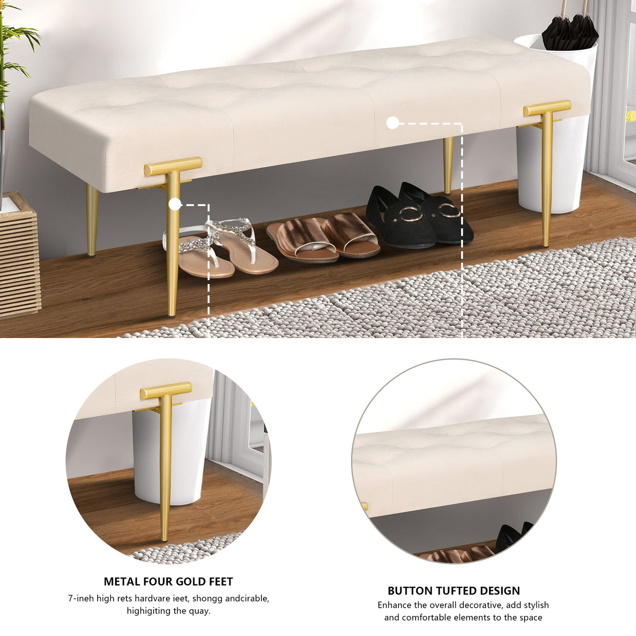 48'' Modern Ottoman Bench Velvet Bench Upholstered Footrest With Gold Metal Legs And Padded Seat For Bedroom Living Room