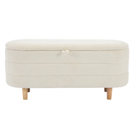 Elegant Upholstered Sherpa Fabric Storage Ottoman with Wood Legs, Storage Bench for Bedroom, Living Room, White