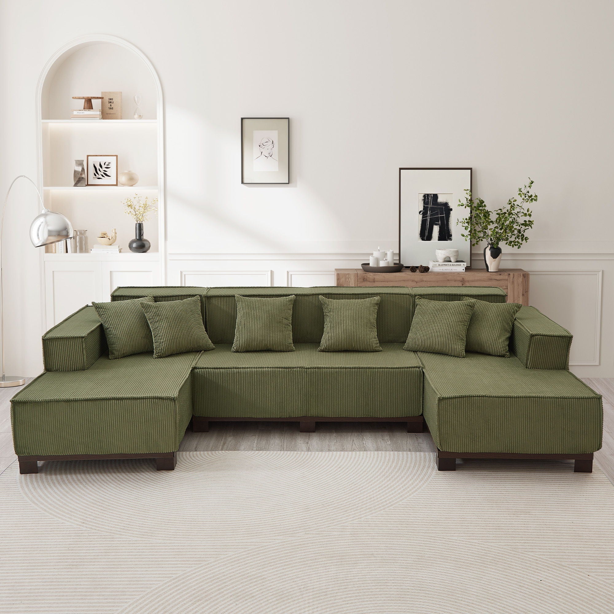 U-Shaped Sectional Sofa With RGB LED Light Strip And 6 Pillows