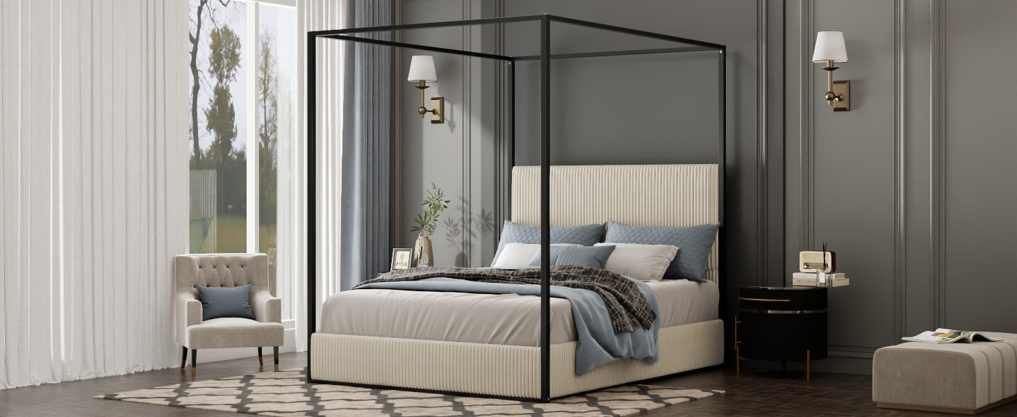 Modern Luxury Metal Canopy Bed with Tall Corduroy Upholstered Headboard