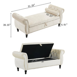 Velvet Multifunctional Storage Rectangular ottoman bench with 1 Pillow, Beige