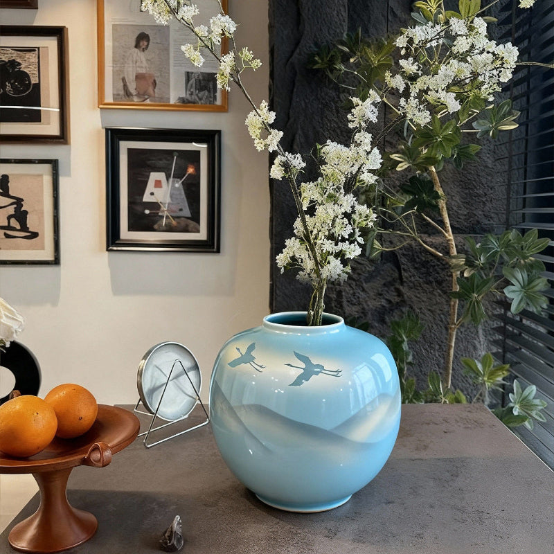 Modern Chinese Ceramic Vase with a Landscape Painting Motif Featuring a Blue Round Flower Vessel