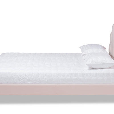 Baxton Studio Odille Modern Glam Light Pink Velvet Upholstered Walnut Brown Finished Wood Queen Size Seashell Shaped Platform Bed