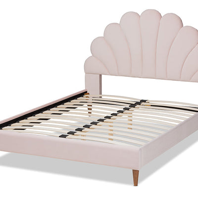 Baxton Studio Odille Modern Glam Light Pink Velvet Upholstered Walnut Brown Finished Wood Queen Size Seashell Shaped Platform Bed