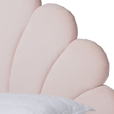 Baxton Studio Odille Modern Glam Light Pink Velvet Upholstered Walnut Brown Finished Wood Queen Size Seashell Shaped Platform Bed