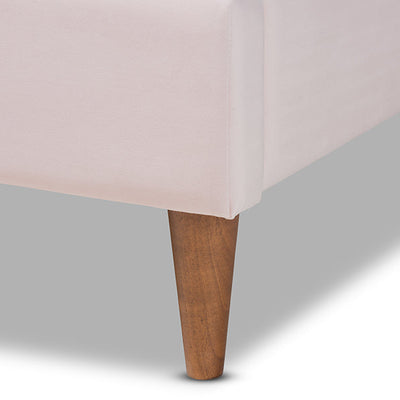 Baxton Studio Odille Modern Glam Light Pink Velvet Upholstered Walnut Brown Finished Wood Queen Size Seashell Shaped Platform Bed