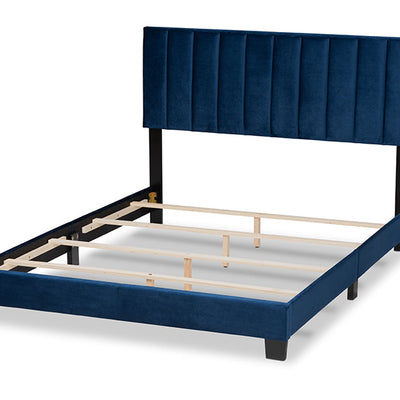 Baxton Studio Clare Glam and Luxe Navy Blue Velvet Fabric Upholstered Full Size Panel Bed with Channel Tufted Headboard