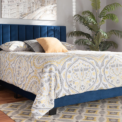 Baxton Studio Clare Glam and Luxe Navy Blue Velvet Fabric Upholstered Full Size Panel Bed with Channel Tufted Headboard