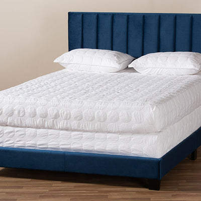 Baxton Studio Clare Glam and Luxe Navy Blue Velvet Fabric Upholstered Full Size Panel Bed with Channel Tufted Headboard