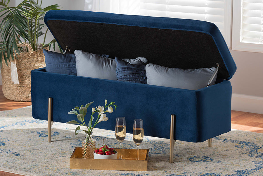 Baxton Studio Rockwell Contemporary Glam and Luxe Navy Blue Velvet Fabric Upholstered and Gold Finished Metal Storage Bench