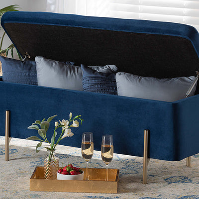 Baxton Studio Rockwell Contemporary Glam and Luxe Navy Blue Velvet Fabric Upholstered and Gold Finished Metal Storage Bench