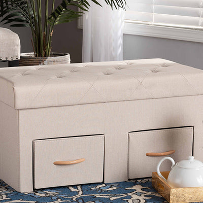 Baxton Studio Gerwin Modern and Contemporary Beige Fabric Upholstered and Oak Brown Finished Wood 2-Drawer Storage Ottoman