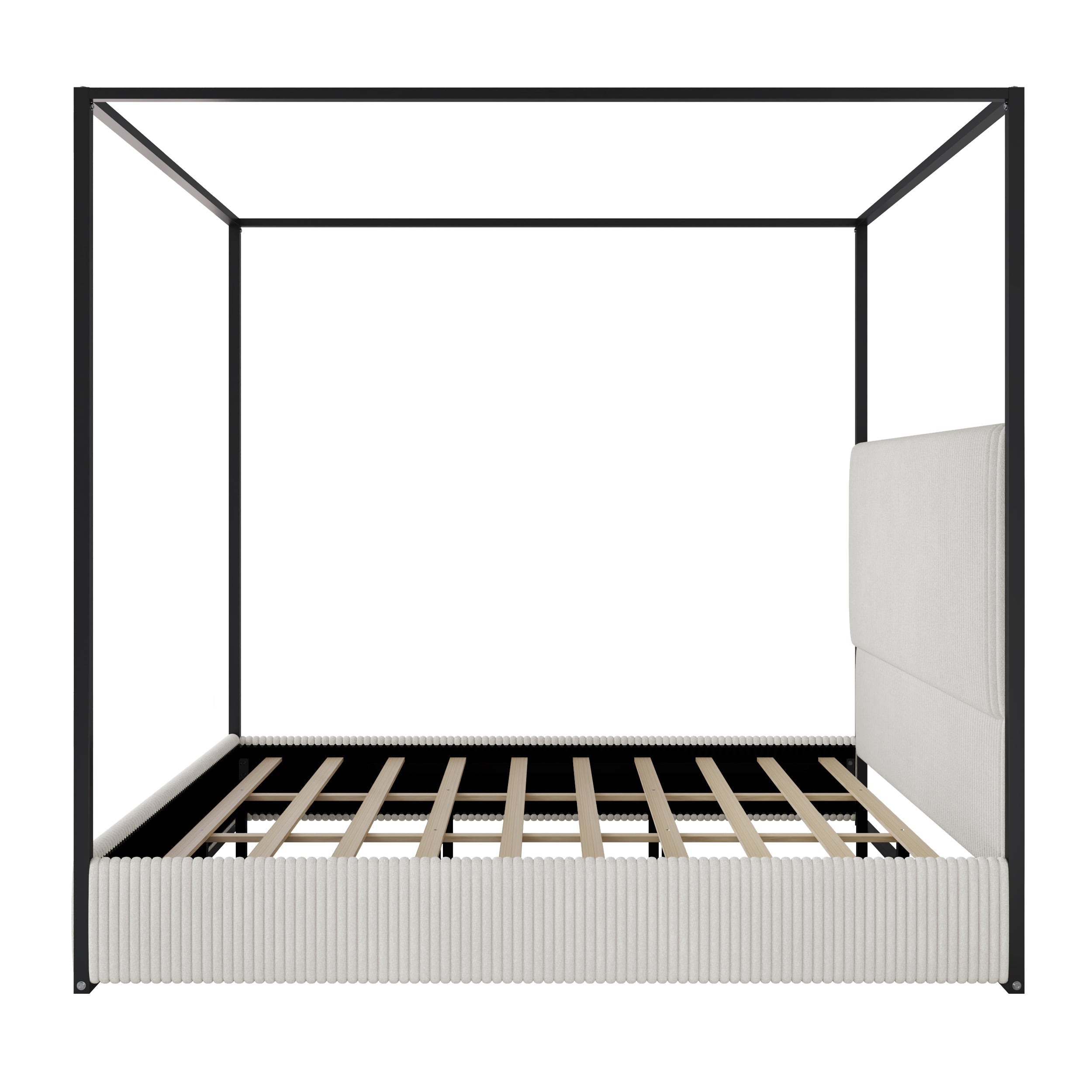 Modern Luxury Metal Canopy Bed with Tall Corduroy Upholstered Headboard