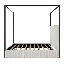 Modern Luxury Metal Canopy Bed with Tall Corduroy Upholstered Headboard