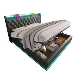 Upholstered Bed, 360 Surround LED Function, Remote Control, Hydraulic Storage Bed With USB, Type-C Charging (Without Mattress)