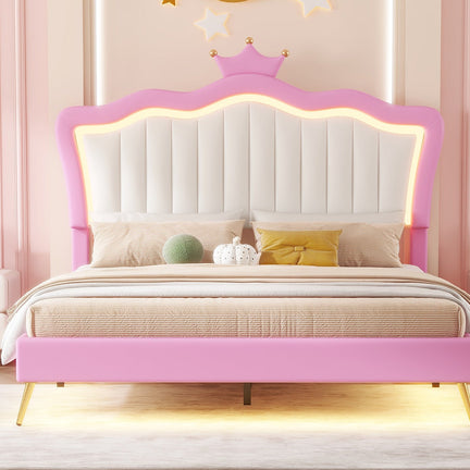 Full Size Upholstered Bed Frame with LED Lights, Modern Upholstered Princess Bed with Crown Headboard, Pink+White