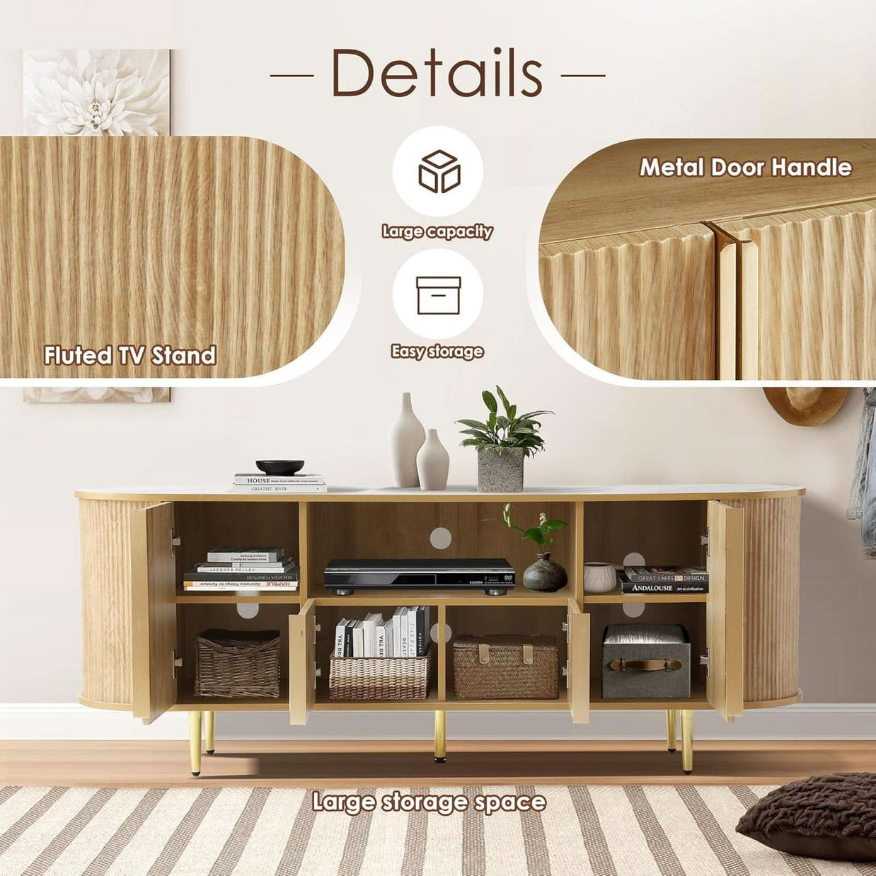 63 Inch Fluted TV Entertainment Console With Integrated Storage