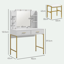 Dressing Table With Lighted Mirror, Cushioned Stool, Drawers, Shelves, LED Makeup Vanity Desk Set, Modern Dresser Vanity Table For Bedroom, White