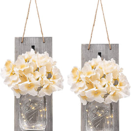 2 Pack Rustic  Jar Fairy Strip Lights Wall Decor Hydrangea Sconces Decorative Home Chic Hanging LED FlowersHanging Design with Remote Control LED Fairy Lights and White Peony, Farmhouse Kitchen Decorations Wall Home Decor Living Room Lights Set of Two