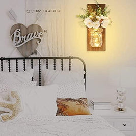 2 Pack Rustic  Jar Fairy Strip Lights Wall Decor Hydrangea Sconces Decorative Home Chic Hanging LED FlowersHanging Design with Remote Control LED Fairy Lights and White Peony, Farmhouse Kitchen Decorations Wall Home Decor Living Room Lights Set of Two