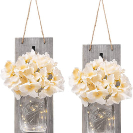 2 Pack Rustic  Jar Fairy Strip Lights Wall Decor Hydrangea Sconces Decorative Home Chic Hanging LED FlowersHanging Design with Remote Control LED Fairy Lights and White Peony, Farmhouse Kitchen Decorations Wall Home Decor Living Room Lights Set of Two