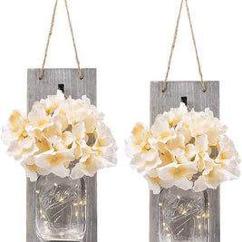 2 Pack Rustic  Jar Fairy Strip Lights Wall Decor Hydrangea Sconces Decorative Home Chic Hanging LED FlowersHanging Design with Remote Control LED Fairy Lights and White Peony, Farmhouse Kitchen Decorations Wall Home Decor Living Room Lights Set of Two