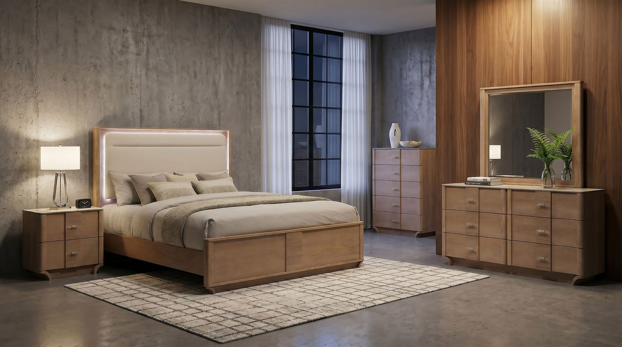 Leanne Queen LED Panel Bed Off White and Light Oak