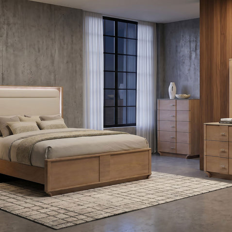 Leanne Queen LED Panel Bed Off White and Light Oak