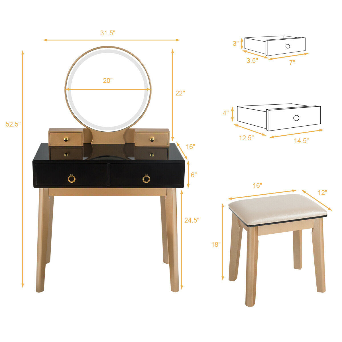 Makeup Vanity Table Set 3 Color Lighting Dressing Table