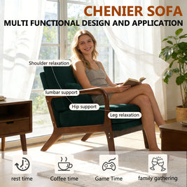Accent Chair Mid-Century Lounge Dark Green Lumbar Cushion Wood Arms 26x29x30 In