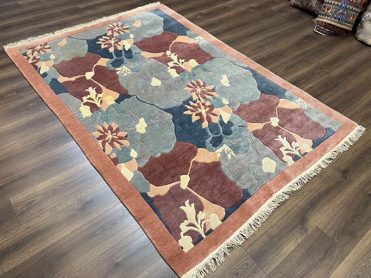 Modern Tibetan Rug 5.7 x 7.9, Abstract Multicolor Flower Pattern, Navy Blue Maroon Salmon, Soft Wool, Hand Knotted Contemporary Carpet 6x8