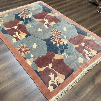 Modern Tibetan Rug 5.7 x 7.9, Abstract Multicolor Flower Pattern, Navy Blue Maroon Salmon, Soft Wool, Hand Knotted Contemporary Carpet 6x8