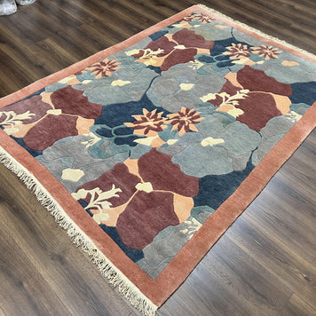 Modern Tibetan Rug 5.7 x 7.9, Abstract Multicolor Flower Pattern, Navy Blue Maroon Salmon, Soft Wool, Hand Knotted Contemporary Carpet 6x8