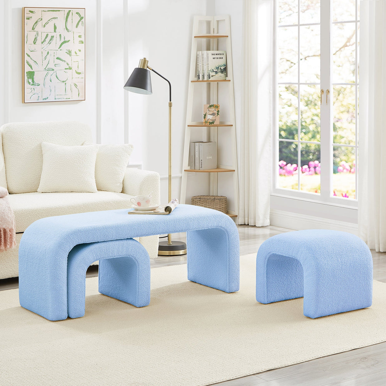 Set of 3 U-Shaped Modern Bench Teddy Ottoman Bench for Entryway, Bedroom End
