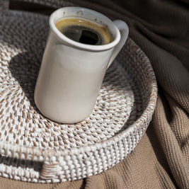 404 Round Rattan Tray — Decorative White Woven Tray for Coffee Table & Home