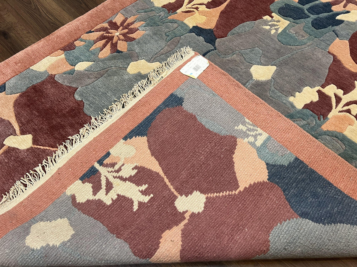 Modern Tibetan Rug 5.7 x 7.9, Abstract Multicolor Flower Pattern, Navy Blue Maroon Salmon, Soft Wool, Hand Knotted Contemporary Carpet 6x8