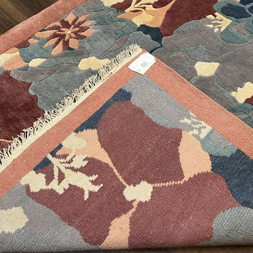 Modern Tibetan Rug 5.7 x 7.9, Abstract Multicolor Flower Pattern, Navy Blue Maroon Salmon, Soft Wool, Hand Knotted Contemporary Carpet 6x8