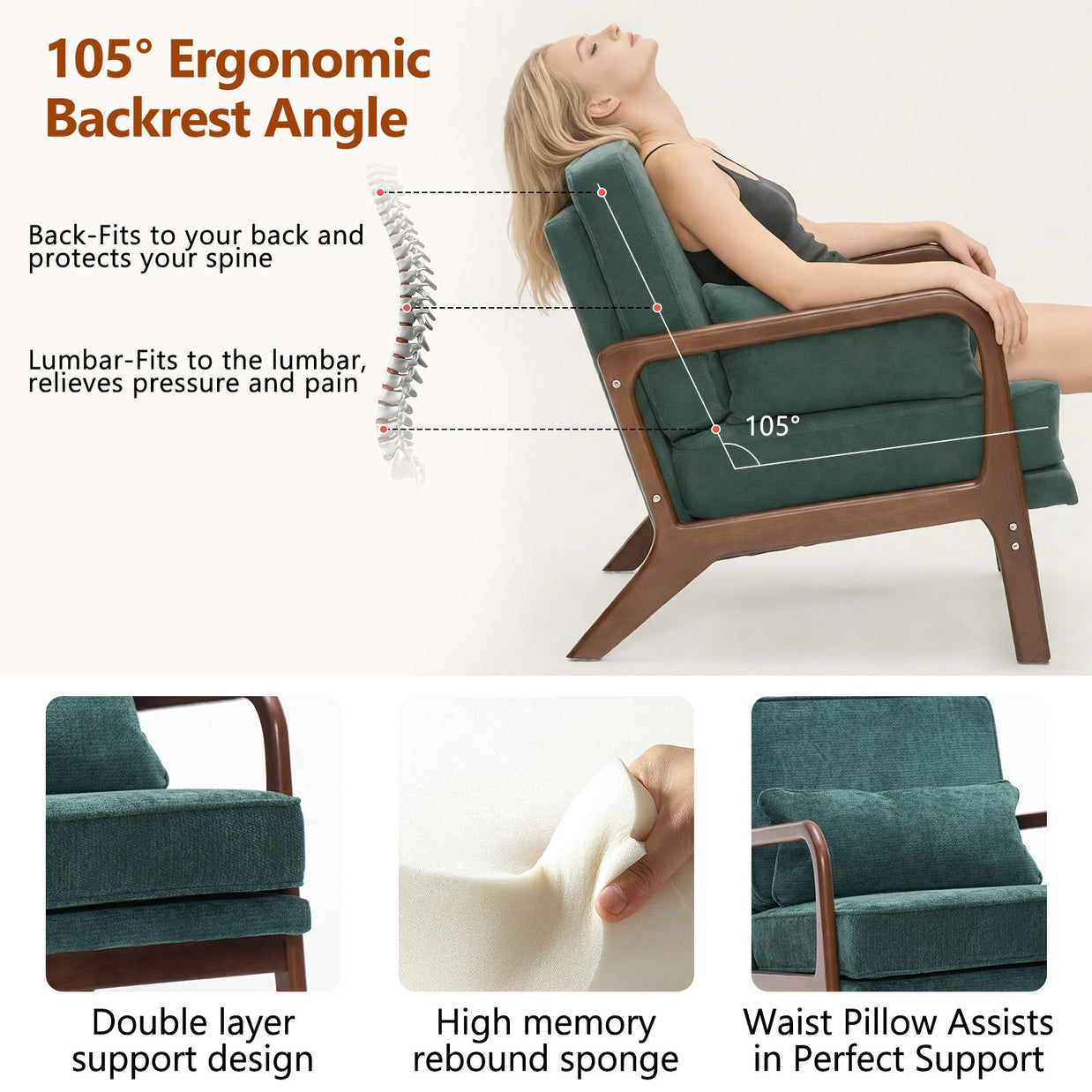 Accent Chair Mid-Century Lounge Dark Green Lumbar Cushion Wood Arms 26x29x30 In