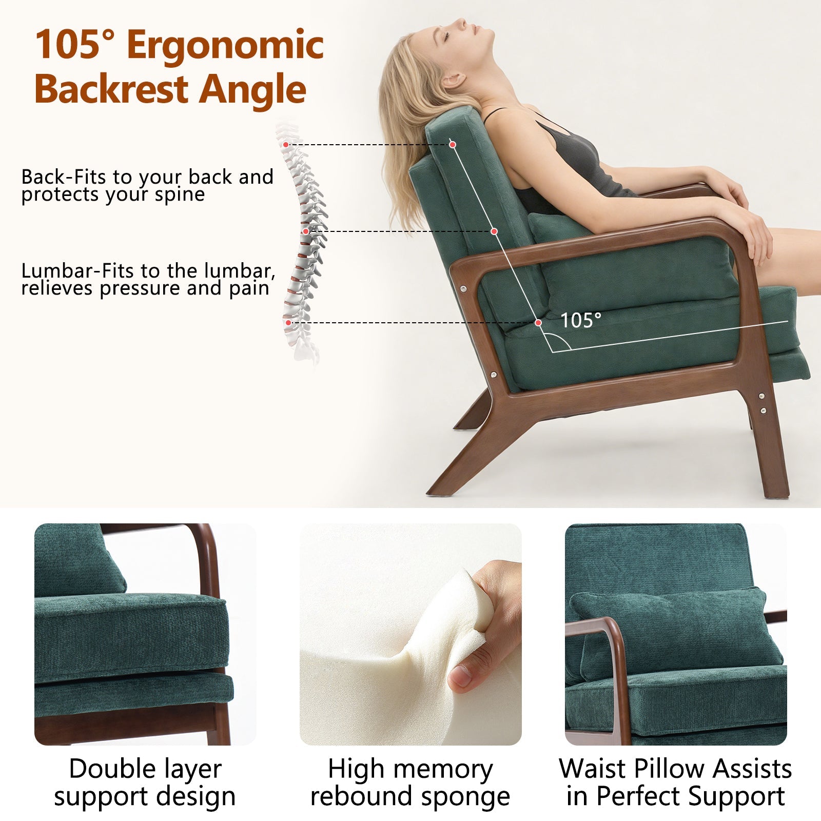 Accent Chair Mid-Century Lounge Dark Green Lumbar Cushion Wood Arms 26x29x30 In