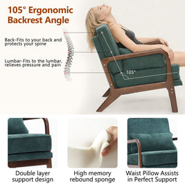 Accent Chair Mid-Century Lounge Dark Green Lumbar Cushion Wood Arms 26x29x30 In