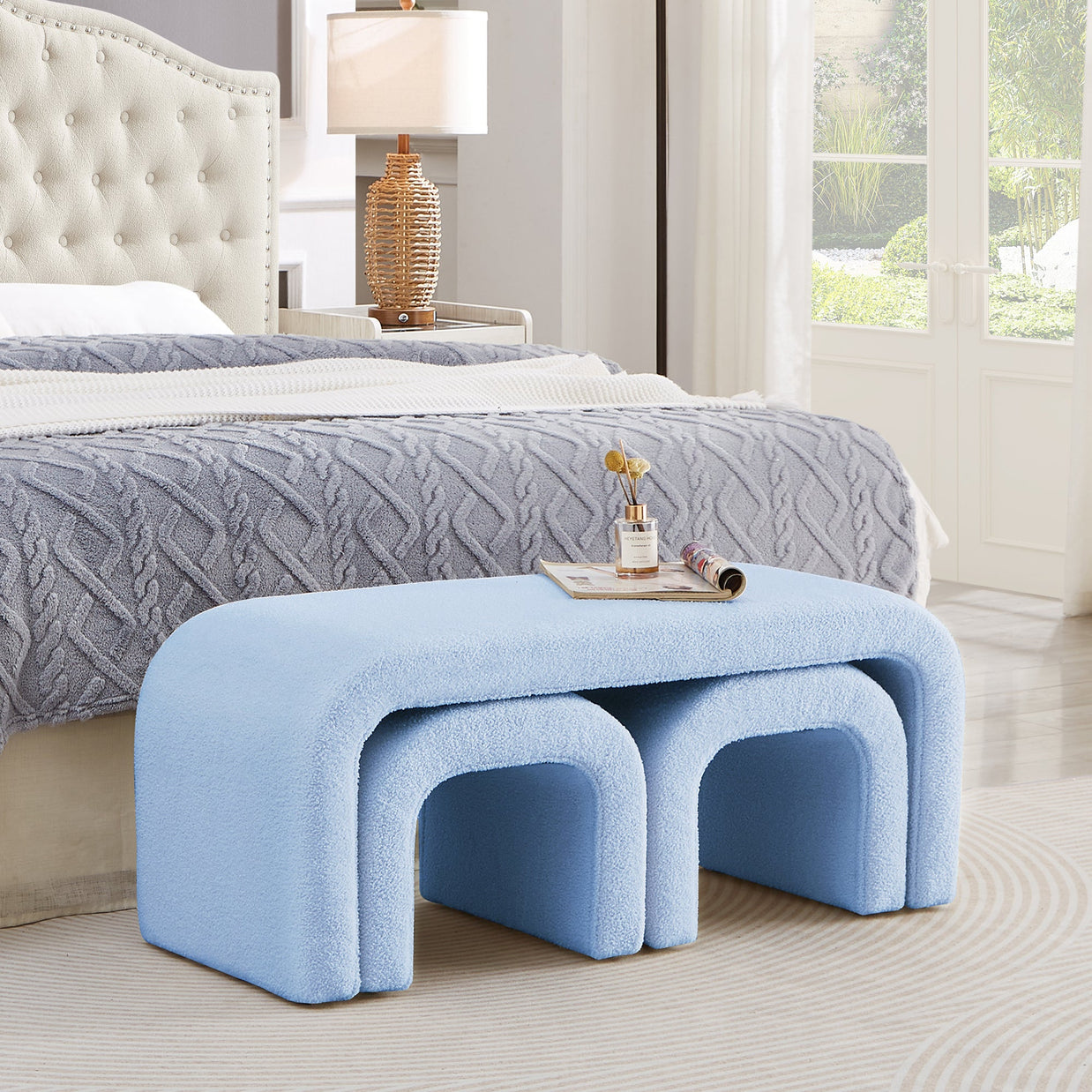 Set of 3 U-Shaped Modern Bench Teddy Ottoman Bench for Entryway, Bedroom End