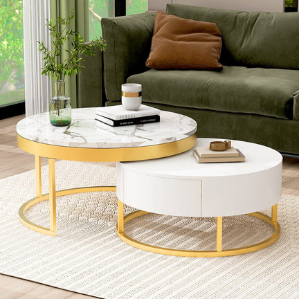 Modern Round Nesting Coffee Table with Drawers in White