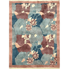 Modern Tibetan Rug 5.7 x 7.9, Abstract Multicolor Flower Pattern, Navy Blue Maroon Salmon, Soft Wool, Hand Knotted Contemporary Carpet 6x8
