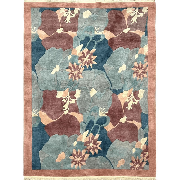 Modern Tibetan Rug 5.7 x 7.9, Abstract Multicolor Flower Pattern, Navy Blue Maroon Salmon, Soft Wool, Hand Knotted Contemporary Carpet 6x8