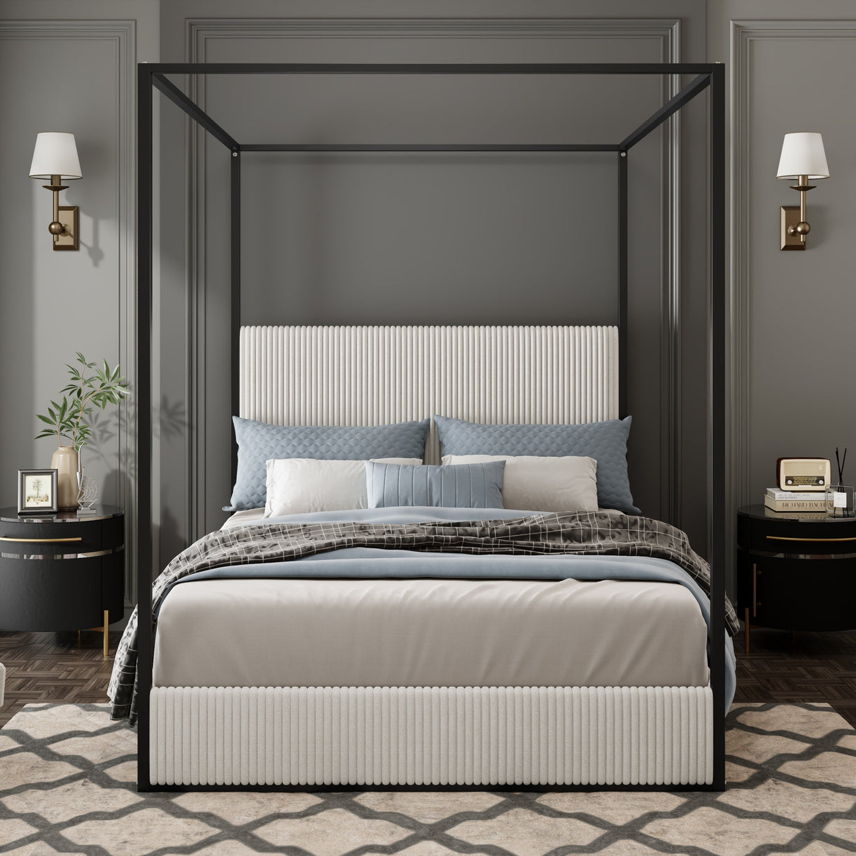 Modern Luxury Metal Canopy Bed with Tall Corduroy Upholstered Headboard