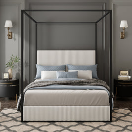 Modern Luxury Metal Canopy Bed with Tall Corduroy Upholstered Headboard