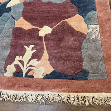 Modern Tibetan Rug 5.7 x 7.9, Abstract Multicolor Flower Pattern, Navy Blue Maroon Salmon, Soft Wool, Hand Knotted Contemporary Carpet 6x8