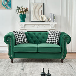 Chesterfield Fabric Sofa With Roll Armrest And Nailhead, Mid Century 2 Seater Couch