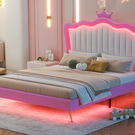 Full Size Upholstered Bed Frame with LED Lights, Modern Upholstered Princess Bed with Crown Headboard, Pink+White