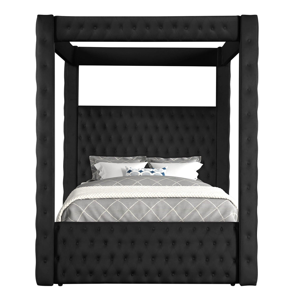 Modern 4 Poster Bed With Tufted Headboard And Footboard